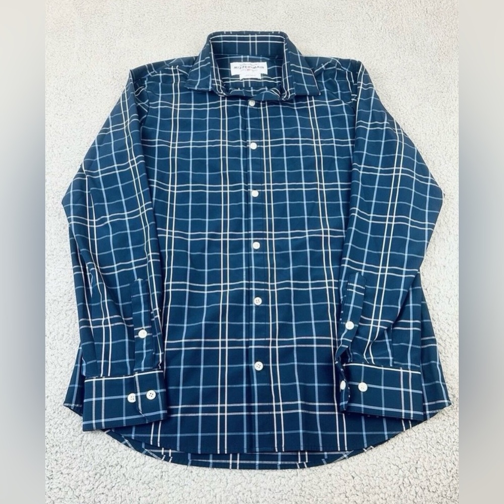 Mizzen and Main Shirt Mens Large Blue Check Plaid Leeward Trim Fit Flex USA
